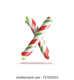 Letter X Vector. 3D Realistic Candy Cane Alphabet Symbol In Christmas Colours. New Year Letter Textured With Red, White. Typography Template. Striped Craft Isolated Object. Xmas Art Illustration