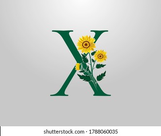 Letra X alfabeto vector con girasol. Icono del logotipo de la planta de flores. Diseño tipográfico