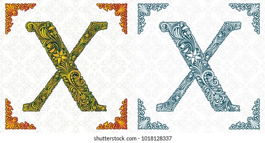 Letter X. Vector. Decorative alphabet on white background. Isolated fine print. Monogram. Spring leaf ornament. Handmade. Template for wedding invitations, booklets, posters, printed products.