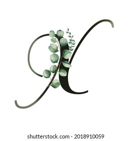 Letra X ilustración vectorial con hojas de eucalipto. Alfabeto floral. Las iniciales del monograma son perfectas para invitaciones de boda, tarjeta de saludo, logotipo, afiche. Diseño festivo.