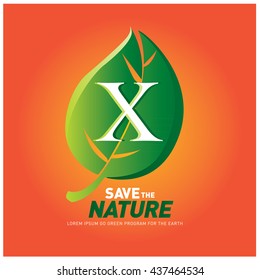 Letter X vector logo and icon save the nature. Go green poster design. Ecology campaign publication