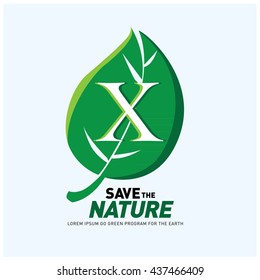 Letter X vector logo and icon save the nature. Go green poster design. Ecology campaign publication