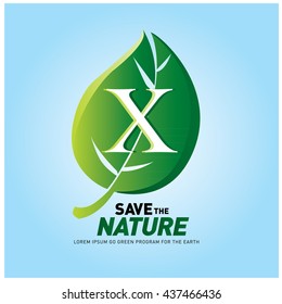 Letter X vector logo and icon save the nature. Go green poster design. Ecology campaign publication