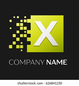 Letter X vector logo symbol in the colorful square with shattered blocks on black background. Vector template for your design
