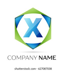 Letter X vector logo symbol in the colorful hexagonal on grey background. Vector template for your design