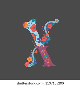 Letter "x" for very decocative alphabet for Day ot the Dead in Mexica, for piraten party or Halloween. It сonsists of a bone decorated with flowers situated on the dark backgroud