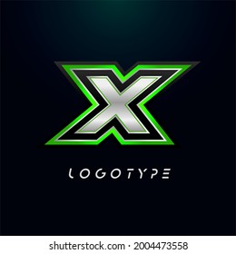 Letter X for video game logo and super hero monogram. Sport gaming emblem, bold futuristic letter with sharp angles and green outline. Tilted sharp letter type on black background