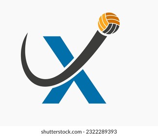 Letter X Volleyball Logo Concept With Moving Volley Ball Icon. Volleyball Sports Logotype Template