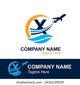 Letra X con logotipo de Onda y Avión Volador para Agencia de Viajes. Logotipo de diseño vectorial para etiqueta de transporte de viajes, turismo, publicidad de la compañía de vuelos