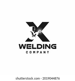 Letter X welding logo, welder silhouette working with weld helmet in simple and modern design style
