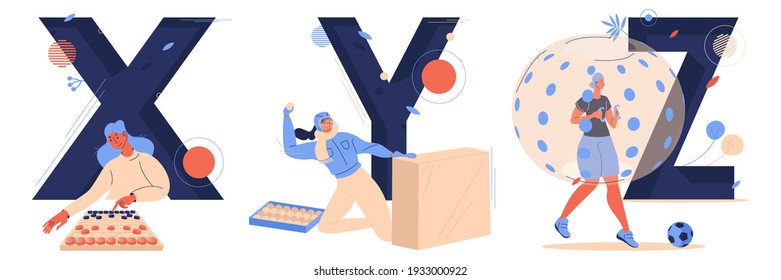 Letter x for xiangqi, Y for yukigassen and Z for zorbing. Sport capital characters isolated on white. Woman training and playing games