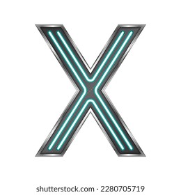 Letter X (X-ray) Capital Uppercase Modern English Alphabet Neon Glow Light Stainless Metallic Frame Futuristic Design Icon Logo Isolated on White Background