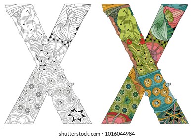 Letter X zentangle for coloring. Vector decorative object