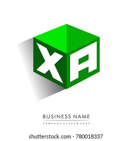Letter XA logo in hexagon shape and green background, cube logo with letter design for company identity.
