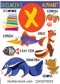 Letter X.Cute children's alphabet with adorable animals and other things.Poster for kids learning English vocabulary.Cartoon vector illustration.