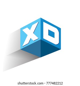 Letter XD logo in hexagon shape and blue background, cube logo with letter design for company identity.

