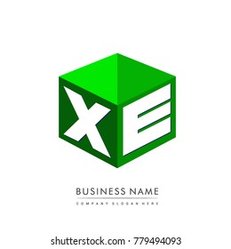 
Letter XE logo in hexagon shape and green background, cube logo with letter design for company identity.

