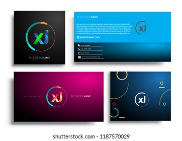 Letter XJ logotype with colorful circle, letter combination logo design with ring, sets of business card for company identity, creative industry, web, isolated on white background.