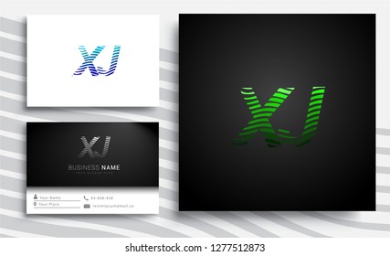 Letter XJ logotype with colorful circle, with striped composition letter, sets of business card for company identity, creative industry, web.