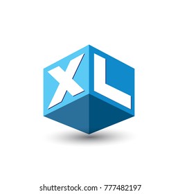 Letter XL logo in hexagon shape and blue background, cube logo with letter design for company identity.
