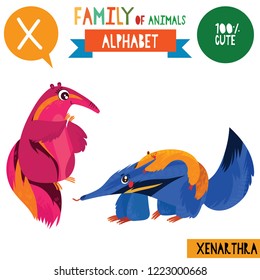 Letter X-Mega big set.Cute vector alphabet with family of animals in cartoon style.