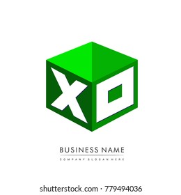 
Letter XO logo in hexagon shape and green background, cube logo with letter design for company identity.
