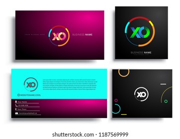 Letter XO logotype with colorful circle, letter combination logo design with ring, sets of business card for company identity, creative industry, web, isolated on white background.