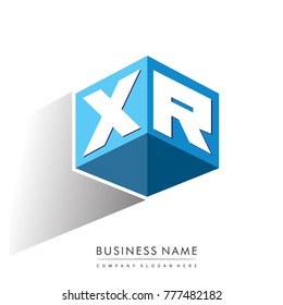 Letter XR logo in hexagon shape and blue background, cube logo with letter design for company identity.
