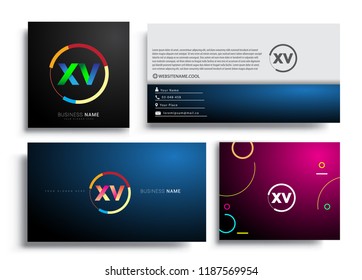 Letter XV logotype with colorful circle, letter combination logo design with ring, sets of business card for company identity, creative industry, web, isolated on white background.