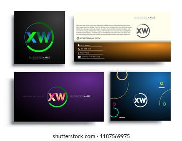 Letter XW logotype with colorful circle, letter combination logo design with ring, sets of business card for company identity, creative industry, web, isolated on white background.