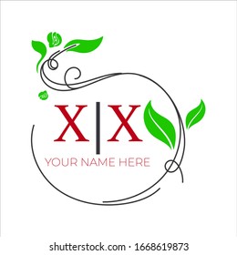 Vector con logotipo de letra xx y hoja. Estilo elegante. Logo hermoso caligráfico. Emblema pintado para el diseño de libros, marca, tarjeta de visita, Restaurante, Boutique, Hotel. Ilustración del vector