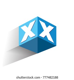 Letter XX logo in hexagon shape and blue background, cube logo with letter design for company identity.
