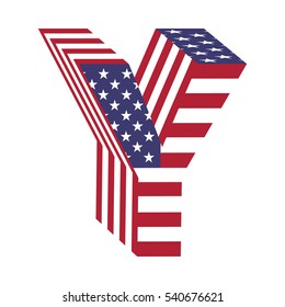 Letter Y from 3d with American flag texture wrapped. Volume USA vector font
