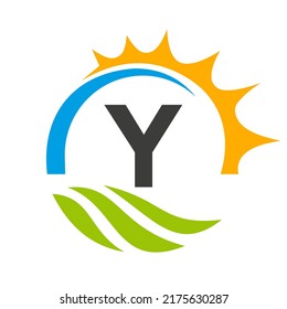 Letter Y Agriculture Logo Vector Template. Agriculture Logo Concept with Green Field and Bright Sun Element