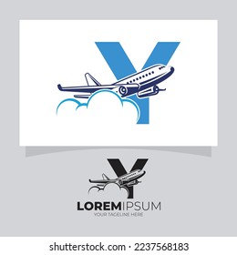 Letter Y Airplane über dem Hintergrund der Vektordesign-Illustration des Cloud-Logos