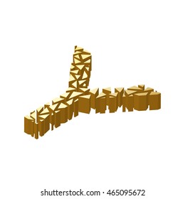 The letter Y, in the alphabet broken 3d perspective isometric set gold color isolated on white background