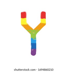Letter Y of alphabet, isolated outline symbol. Drawing sign with LGBT style, seven colors of rainbow (red, orange, yellow, green, blue, indigo, violet