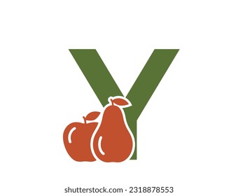 Buchstabe y mit Apfel und Birne. kreativer Fruchtalphabet-Logo. Gartenbau und Erntedesign. einzelne Vektorgrafik