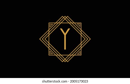 Letter Y art deco   minimalstic logo in  gold color isolated in black background with square frame symbol