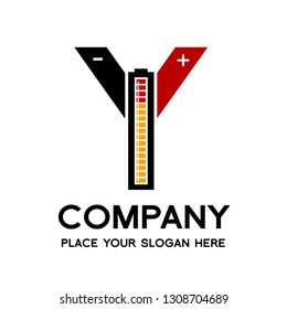 Letter Y battery vector logo template. Alphabet graphic with current positive and negative symbol. Black, red and yellow color. This logo is suitable for electric, technology, power and energy supply.