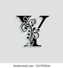 letter Y. Black flower alphabet.  Beautiful capital letters.