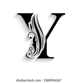 letter Y. Black flower alphabet.  Beautiful capital letters with shadow
