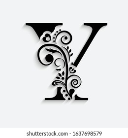 letter Y. Black flower alphabet.  Beautiful capital letters with shadow