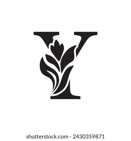 letter Y. Black flower alphabet.  Beautiful capital letters with shadow