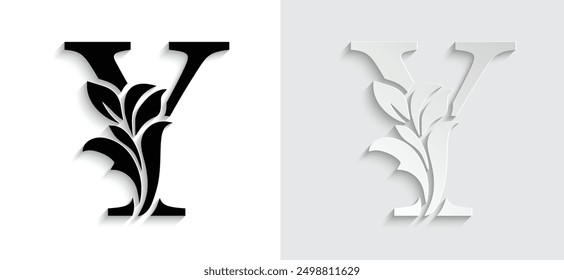 letter Y Black flower alphabet. Beautiful capital letters with shadow