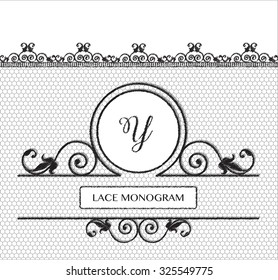 Letter Y black lace monogram, stitched on seamless tulle background with antique style floral border. EPS10 vector format.