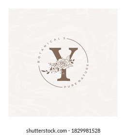 Letter Y Botanical Flowers . Initial Wedding Monogram Font Logo. Circle Floral Rose Logo