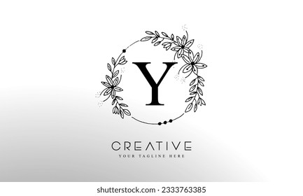 Letter Y Botanical Flowers . Initial Wedding Monogram Font Logo. Circle Floral Logo