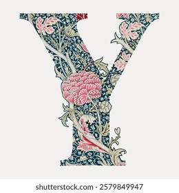 Letter Y botanical pattern font, inspired by William Morris illustration isolated, vector. Vintage botanical patterned font inspired by William Morris. Floral vintage patterned typography vector.