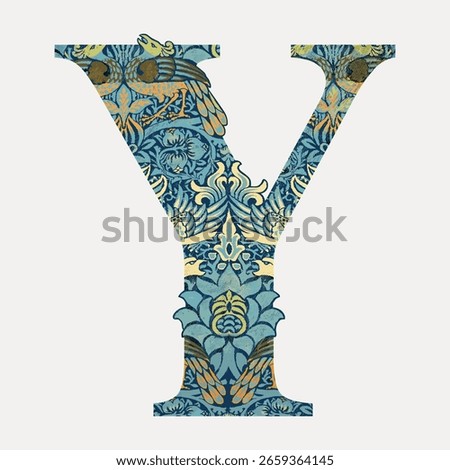 Letter Y botanical pattern font, inspired by William Morris illustration isolated on white, vector. Creative font and typography letter, isolated vector. Vintage patterned font.